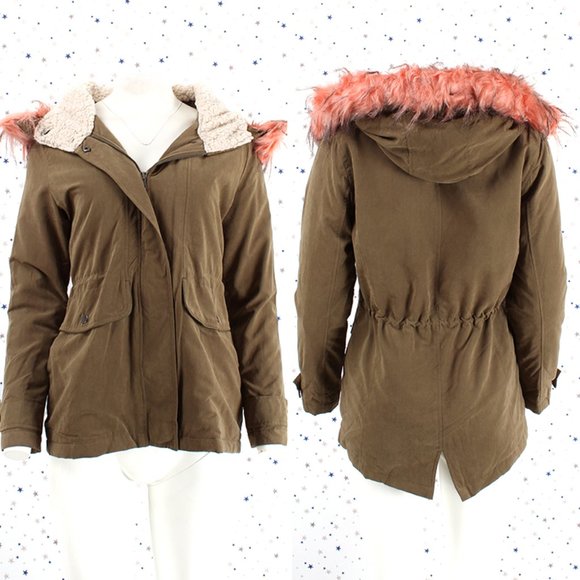 Coral Faux Fur Zip Up Hoodie Jacket Detachable Fur - Picture 1 of 13